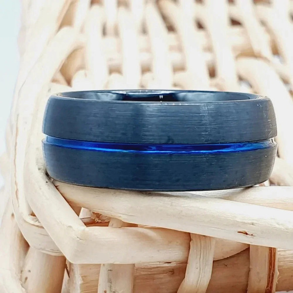"Black Tungsten Wedding Ring with Blue Groove, GALTUN989 - Picture 3 of 5